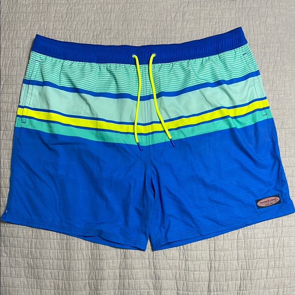 Vineyard Vines Men’s 2XL Blue Green Stripe Swim Board Shorts Drawstring Beach